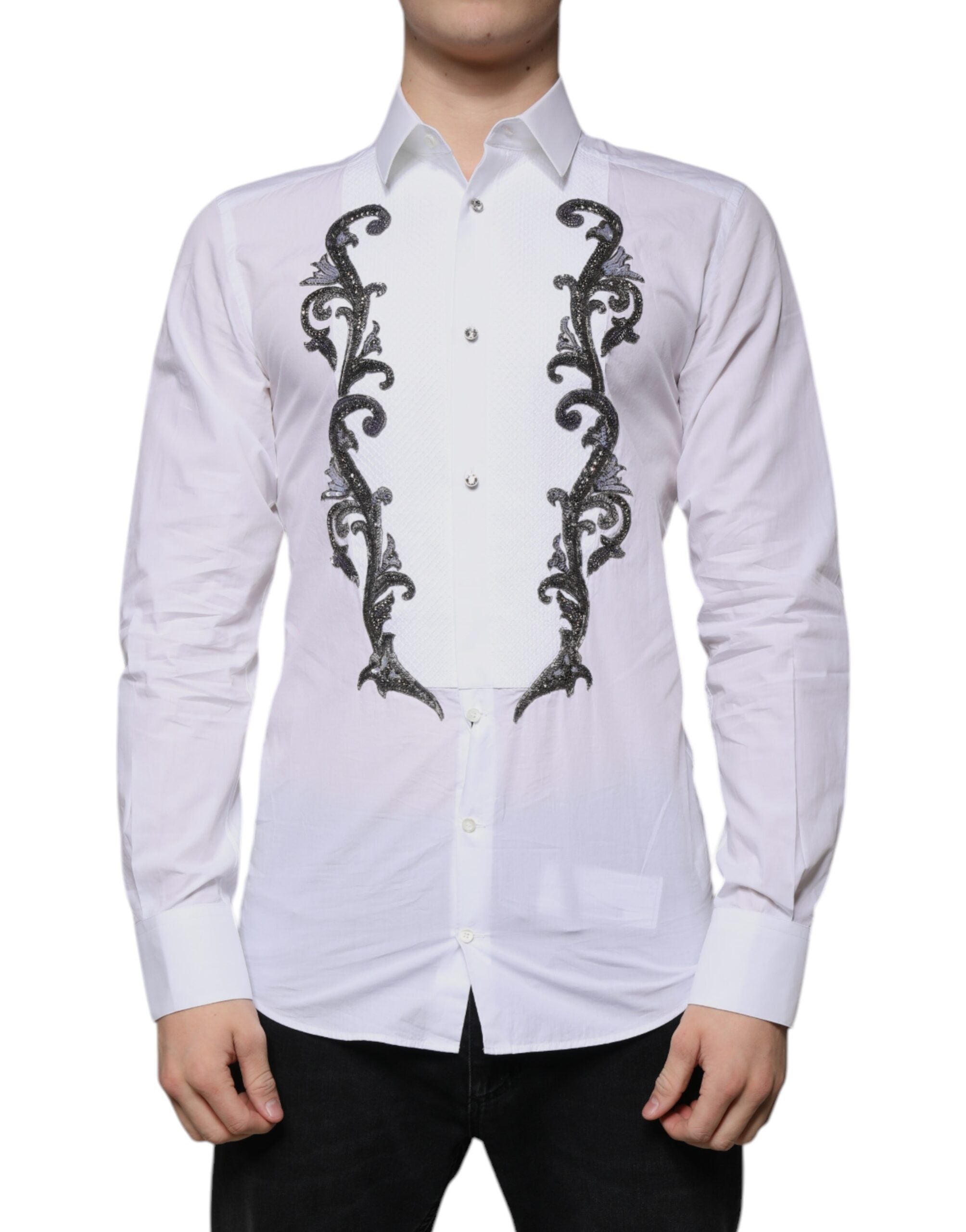 Dolce & Gabbana White Slim Fit Baroque GOLD Men's Shirt